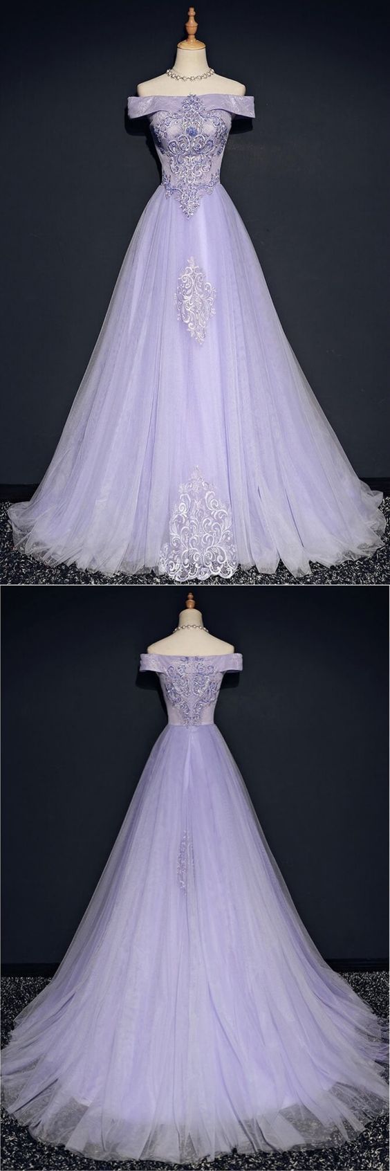 Lavender Off Shoulder Lace And Tulle Party Dress Cute Long Evening Gowns