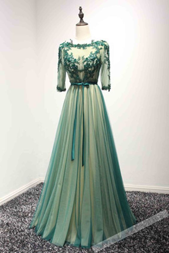 Green Tulle Prom Dress, Long Prom Gown With Sleeves, Long Prom Dress
