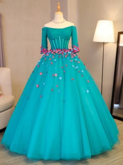 High Quality Scoop Ball Gown Bowknot Lace Pearls Court Train Quinceanera Dress