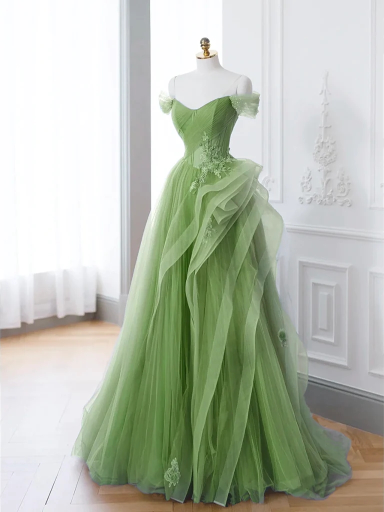 Elegant Off Shoulder Sweetheart Neck Green A Line Off Shoulder Long Ball Gown, Green Lace Long Evening Gown