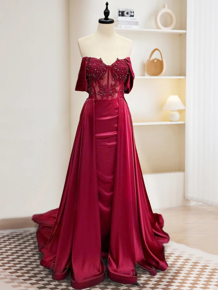 Burgundy A Line Off Shoulder Satin Lace Appliqué Sleeve Ball Gown Party Dress Banquet Burgundy Long Gown