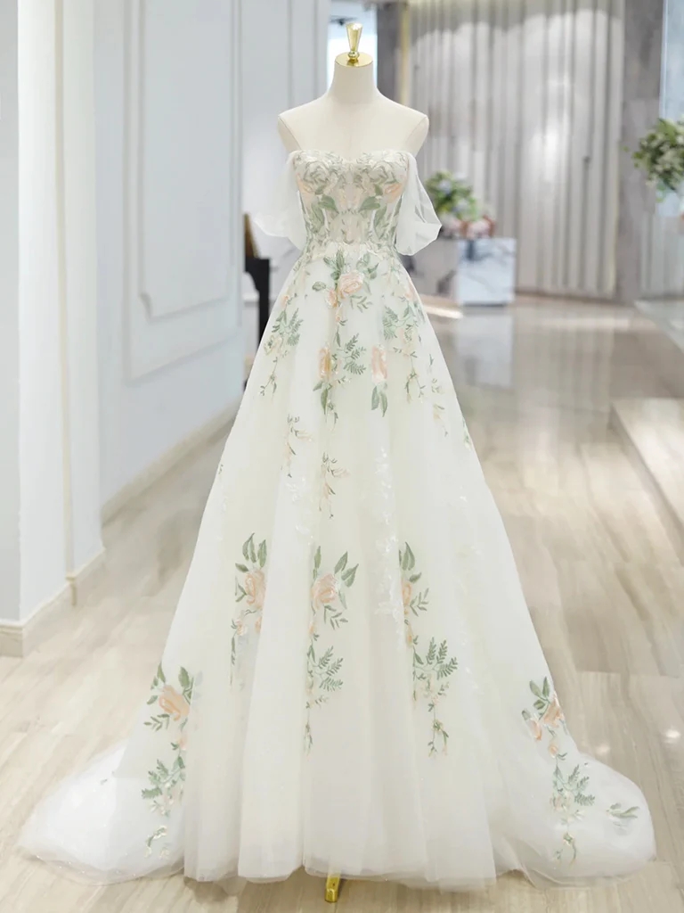 Luxurious Lace Appliqué A-line Off-shoulder Tulle Long Ball Gown Party Dress Banquet Formal Occasion Dress