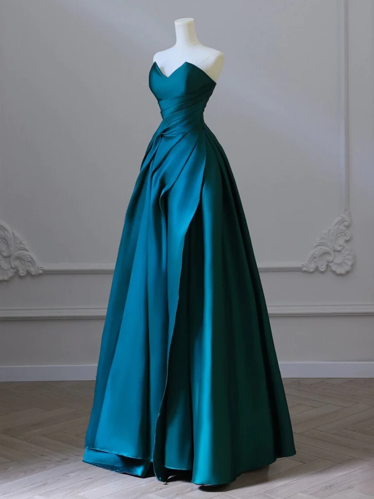 A-line Strapless Satin Peacock Blue Long Prom Dress, Simple Peacock Blue Evening Dress Prom Dress Party Dress Banquet Formal Occasion Dress
