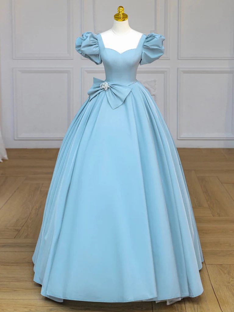 Prom Dress A-line Blue Satin Puff Sleeves Long Prom Gown, Blue Long Sweet  Dress Long Evening Dress P on Luulla