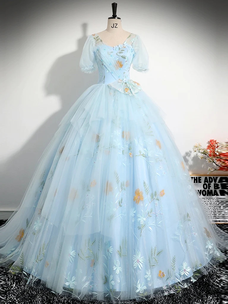 Enchanting Blue Floral Embroidered Puffy Ball Gown