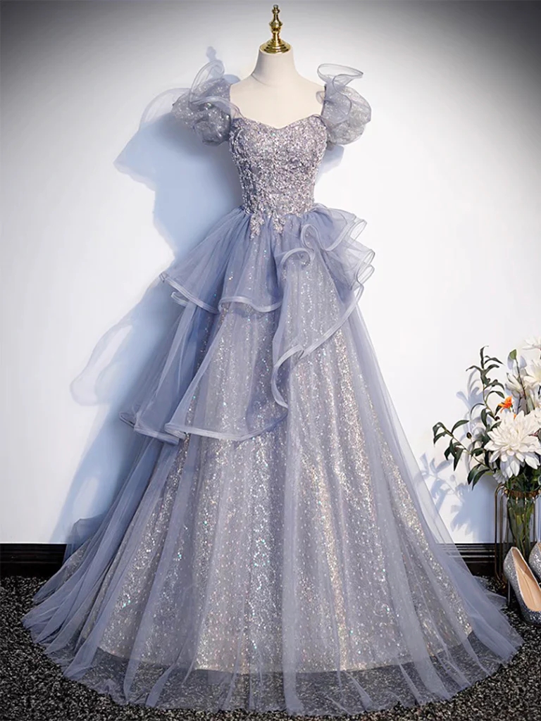 Prom Dress Evening Dress Party Dress A-line Sweetheart Neck Tulle Sequin Gray Blue Long Prom Dress, Gray Blue Long Formal Dress Banquet Special