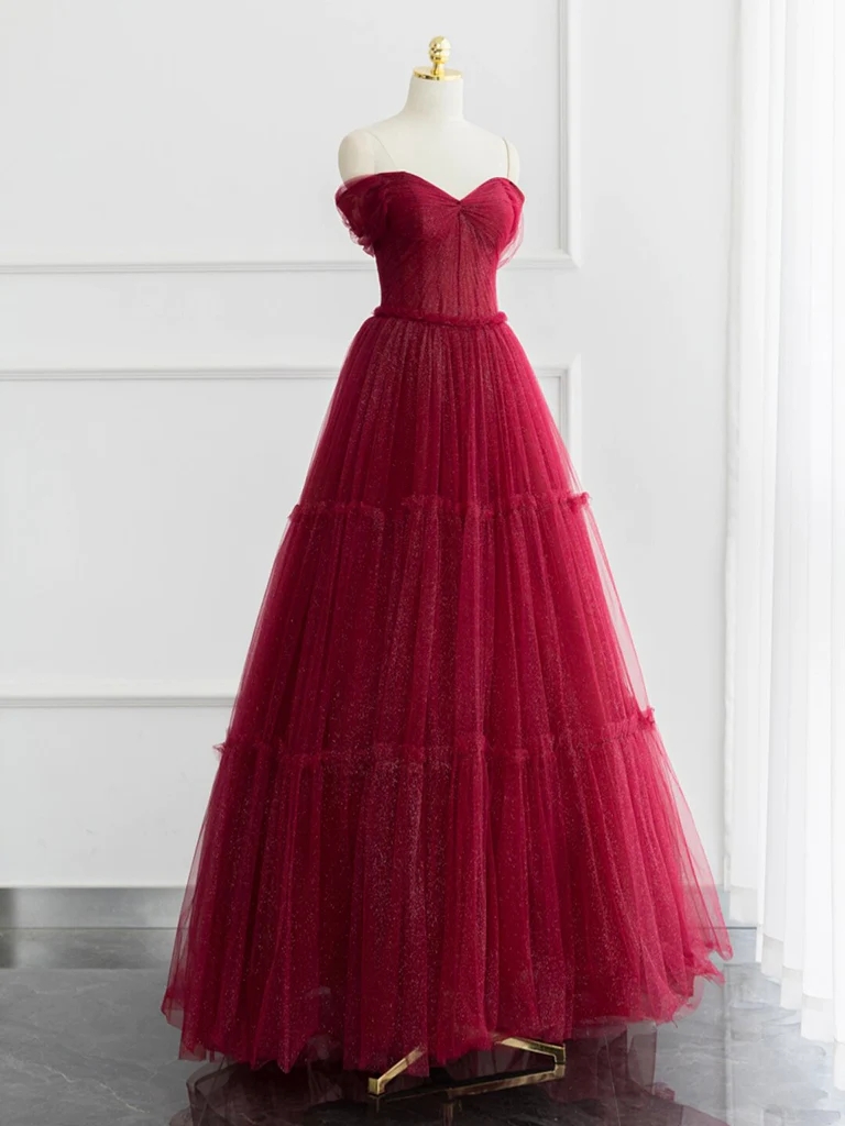 Prom Dress A-line Off Shoulder Tulle Shiny Burgundy Long Prom Dress, Burgundy Long Formal Dress Evening Dress Party Dress Banquet Special