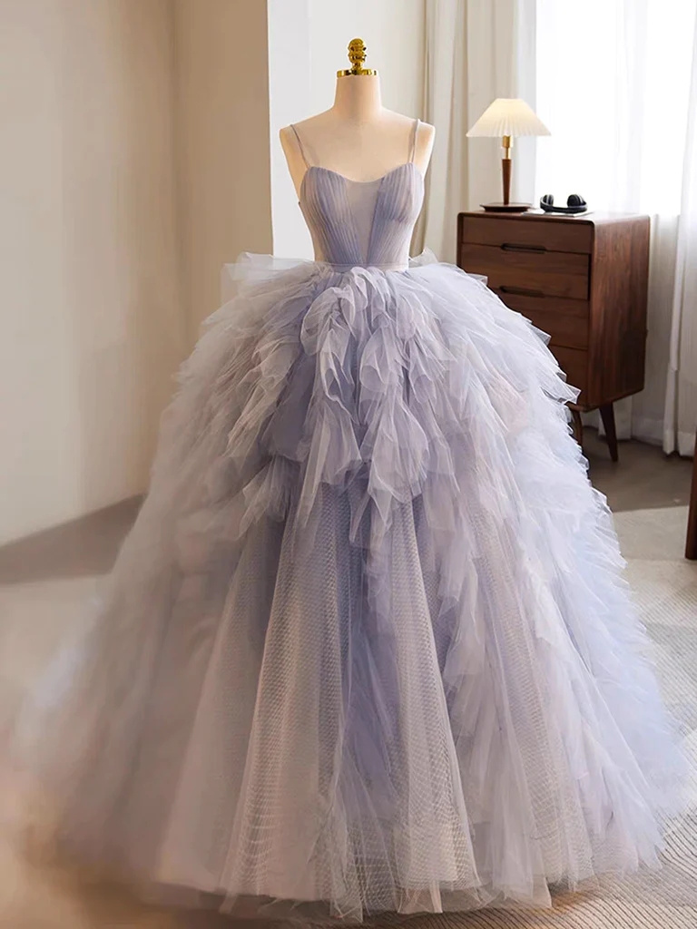 Fashion Blue Tulle Long Prom Gown, Blue Tulle Long Sweet Dress Homecoming Party Dress Banquet Dress