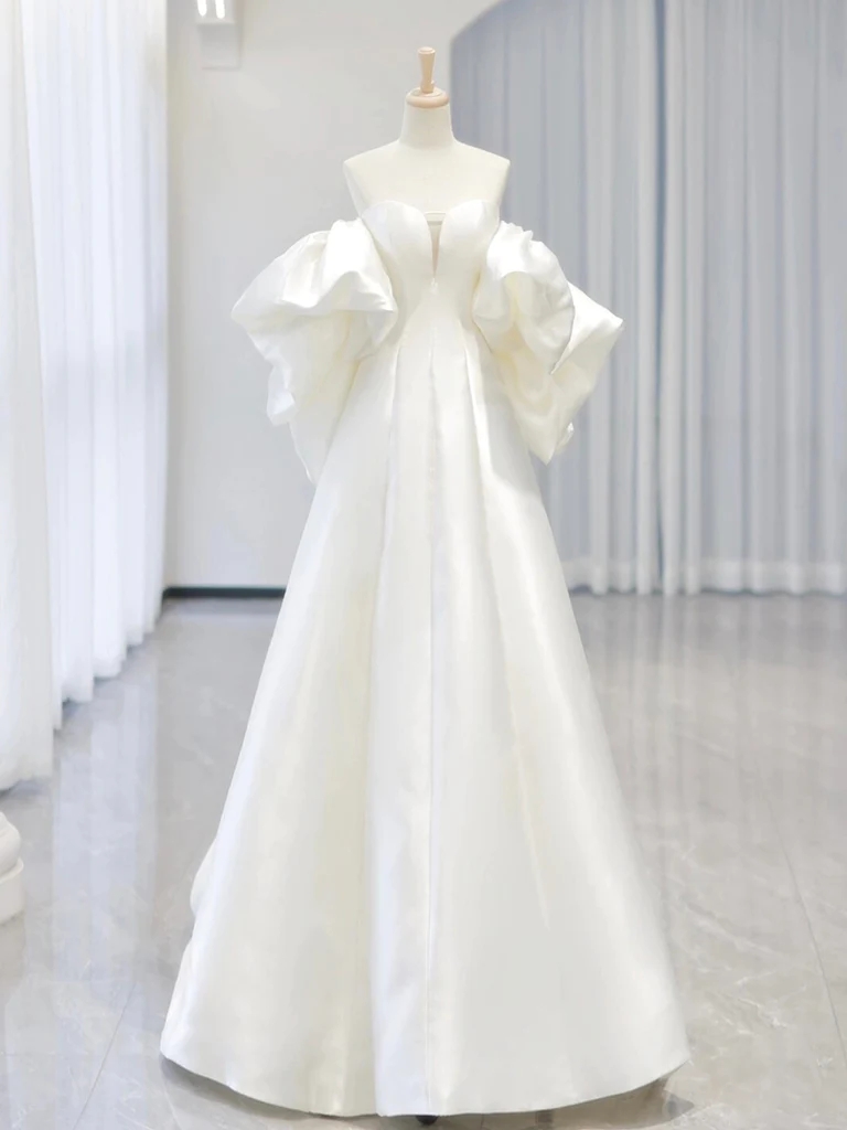 Sexy Off-shoulder White A-line Satin Long Wedding Dress, White Satin Long Formal Dress Party Dress Wedding Dress
