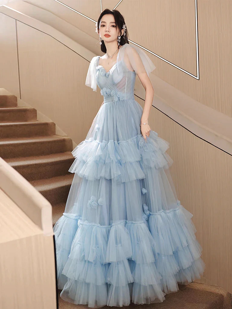 A-line Tulle Blue Long Prom Dress, Party Dress Banquet Dress Blue Tulle Long Evening Formal Dress Party Dress Long Prom Dress, Formal Dress