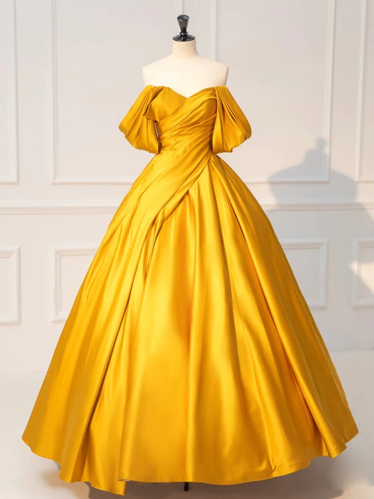 A-line Off Shoulder Yellow Long Prom Dress, Yellow Satin Long Evening Dress Formal Dress Party Dress Banquet Dress Homecoming Dress