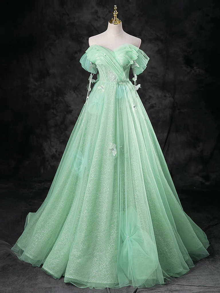 Green A Line Sweetheart Princess Dress Neckline Off Shoulder Tulle Long Ball Gown Party Dress Banquet Dress Evening Dress