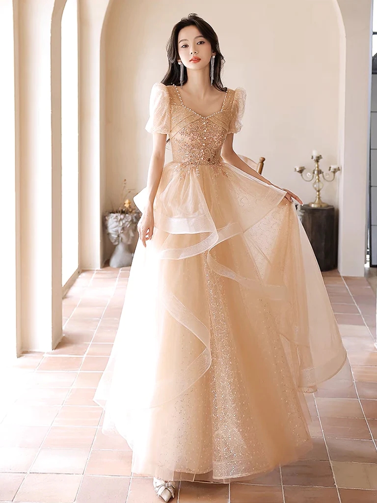 A-line Champagne Sweetheart Princess Gown Neckline Off Shoulder Tulle Long Ball Gown Party Gown Banquet Gown Evening Gown