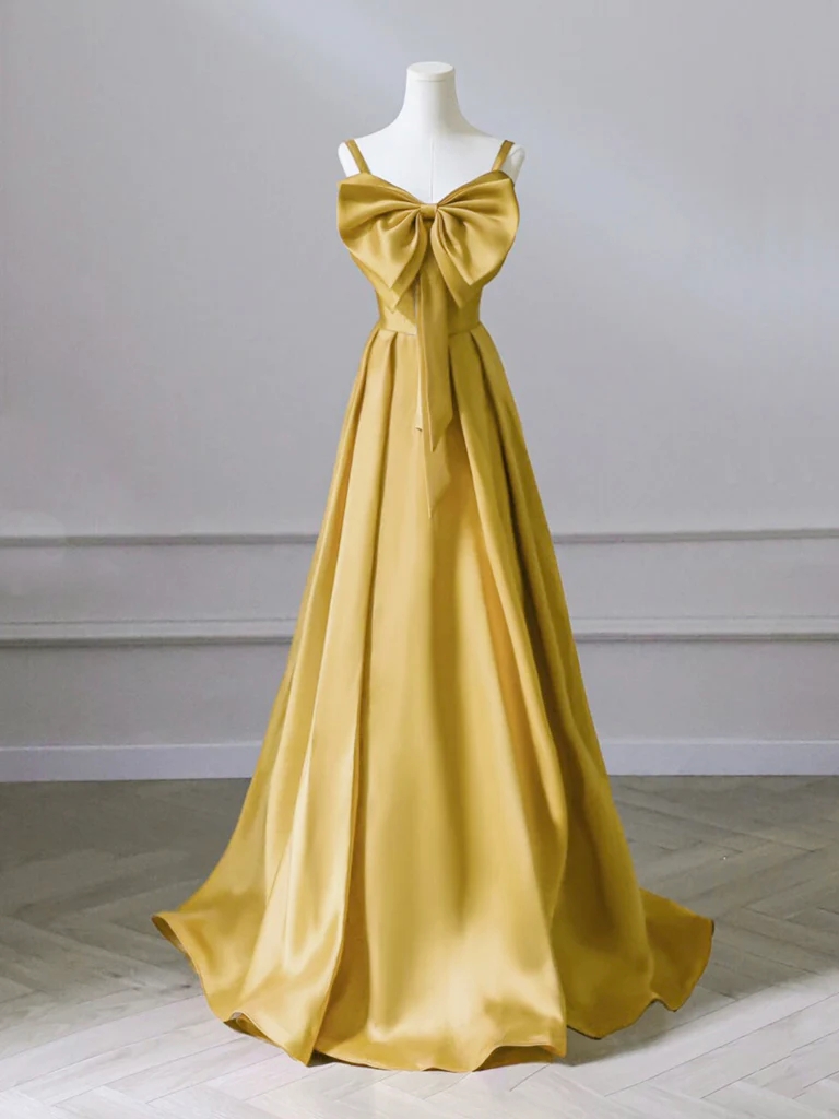 A-line Sweetheart Neck Satin Yellow Long Prom Dress, Yellow Long Formal Dress Party Dress Banquet Dress
