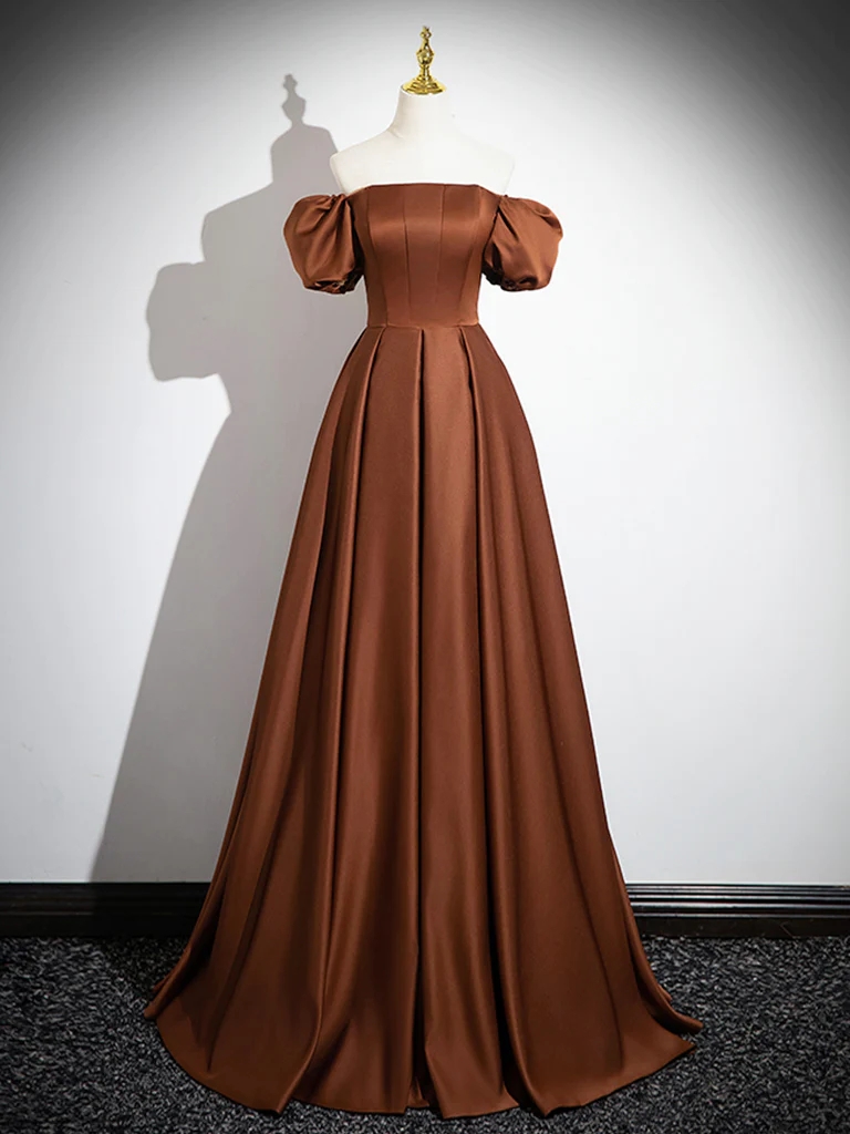 Brown Puff Sleeves Showing A-line Satin Long Prom Dress Brown Long Formal Dress
