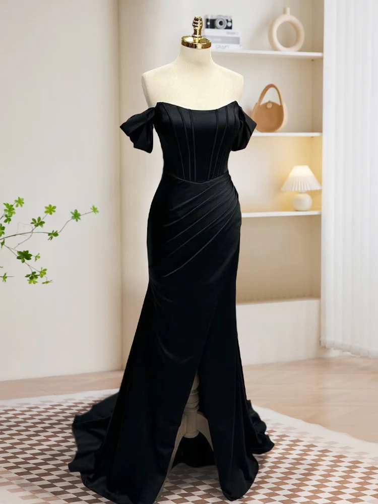 Black Long Evening Party Dress Black Off Shoulder Satin Fishtail Long Prom Dress