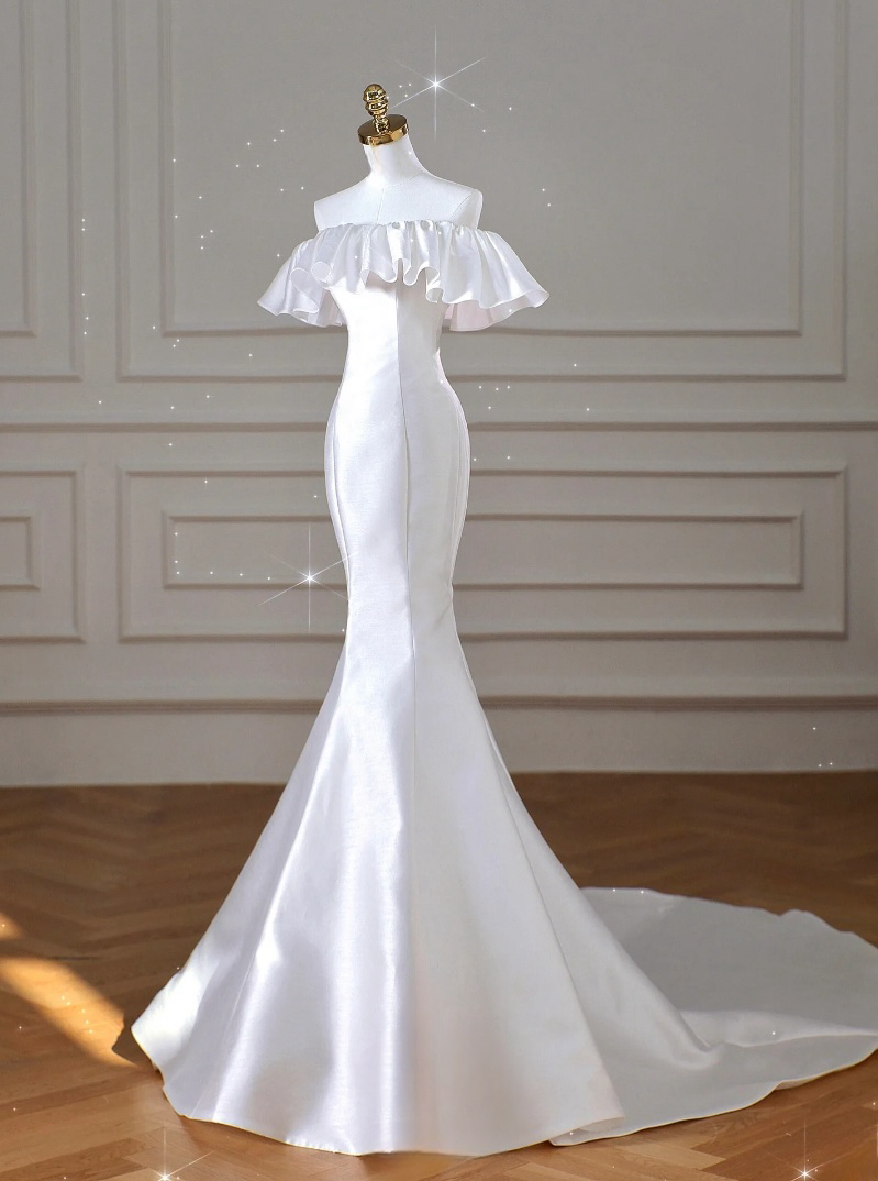 White Ruffled Mermaid Ball Gown, Simple And Elegant Satin Mermaid Gown
