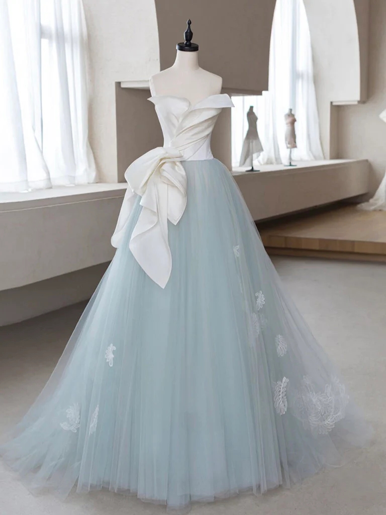 A-line Blue Tulle Lace Applique Long Prom Dress, Blue Long Formal Dress Prom Dress Party Dress Banquet Dress