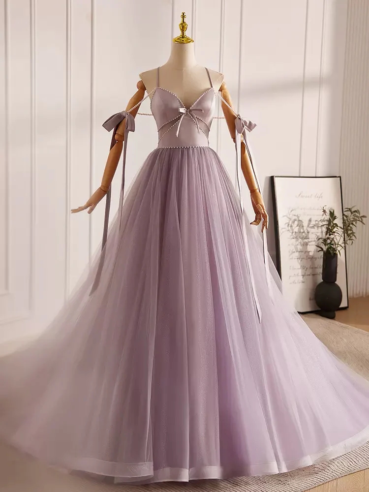 A-line V Neck Tulle Beads Purplepurple Long Formal Dress Ball Dress Elegant Party Dress Banquet Dress