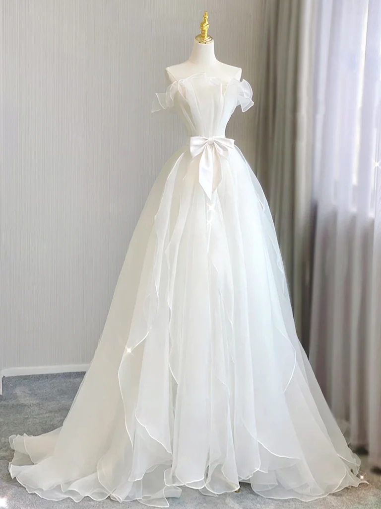A-line Organza White Long Princess Wedding Dress, White Long Formal Wedding Dress