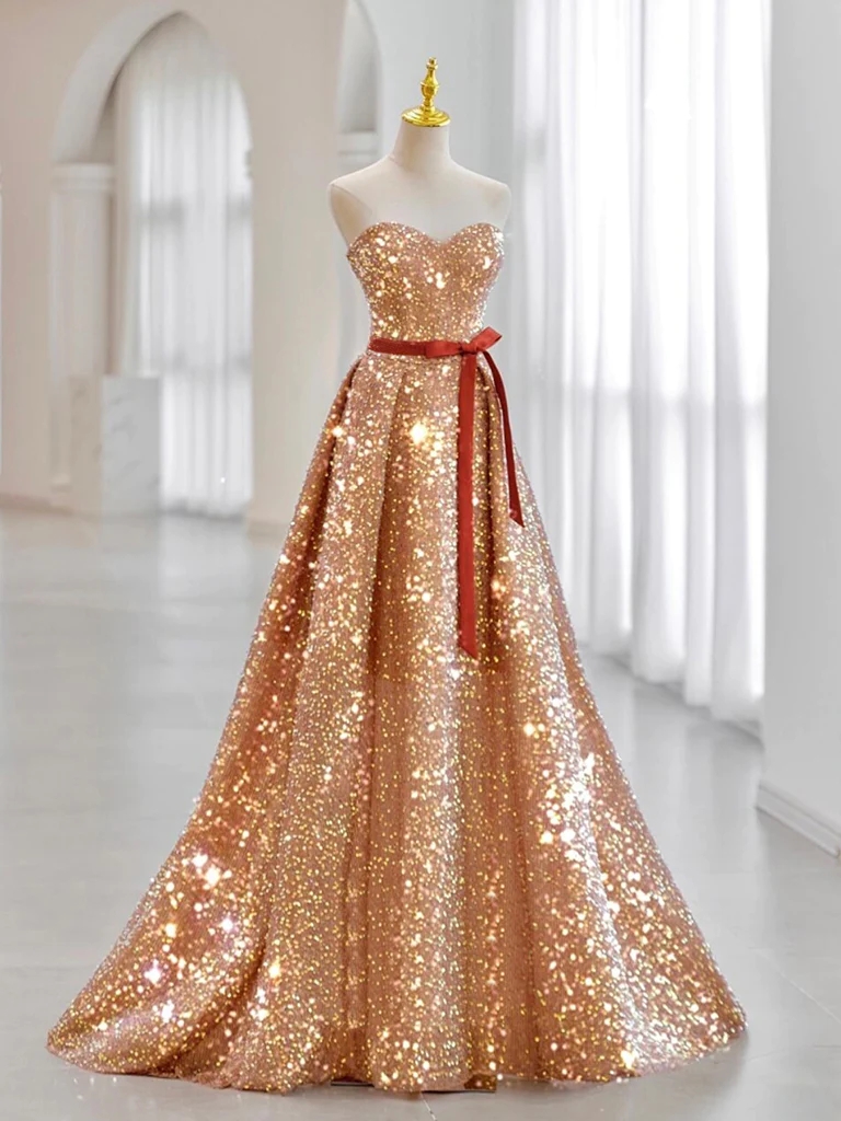 A-line Sweetheart Neck Velvet Sequin Champagne Gold Long Prom Dress Prom Dress Party Dress Green Evening Dress
