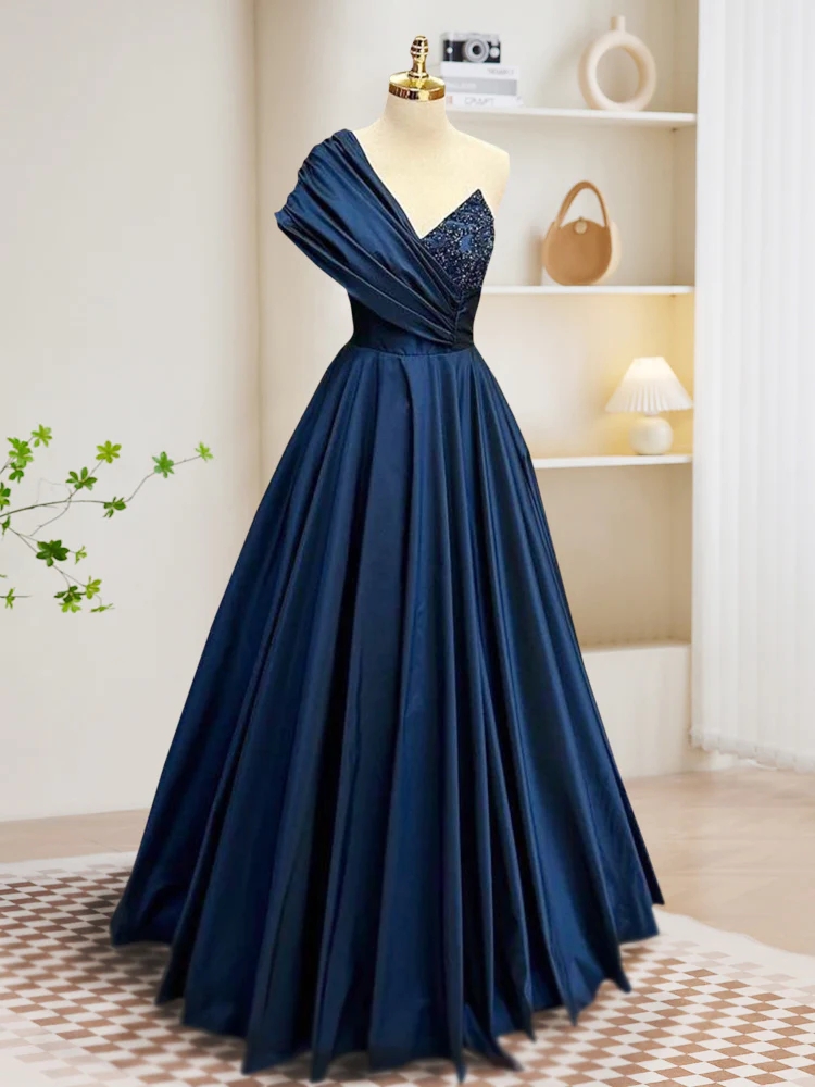A-line One Shoulder Satin Prom Dress Party Dress Beads Dark Blue Long Prom Dress, Blue Long Evening Dress