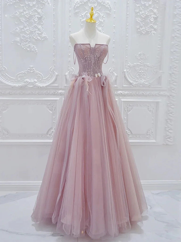 A-line Tulle Lace Pink Long Prom Dress, Pink Tulle Lace Long Formal Dress Prom Dress Evening Dress Party Dress