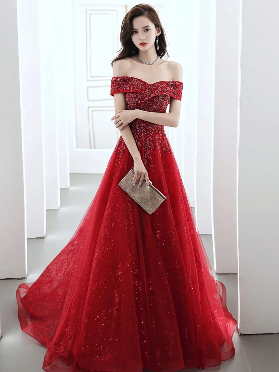 Elegant Burgundy One Shoulder Long Sleeve Tulle Ruffle A-line Long Prom Dresses Evening Dress, OL840 main image 0