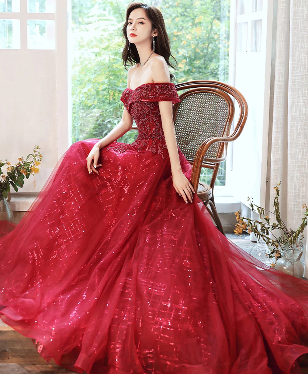 Off-the-shoulder Ruched Tulle A-line Dress Burgundy Plus Size
