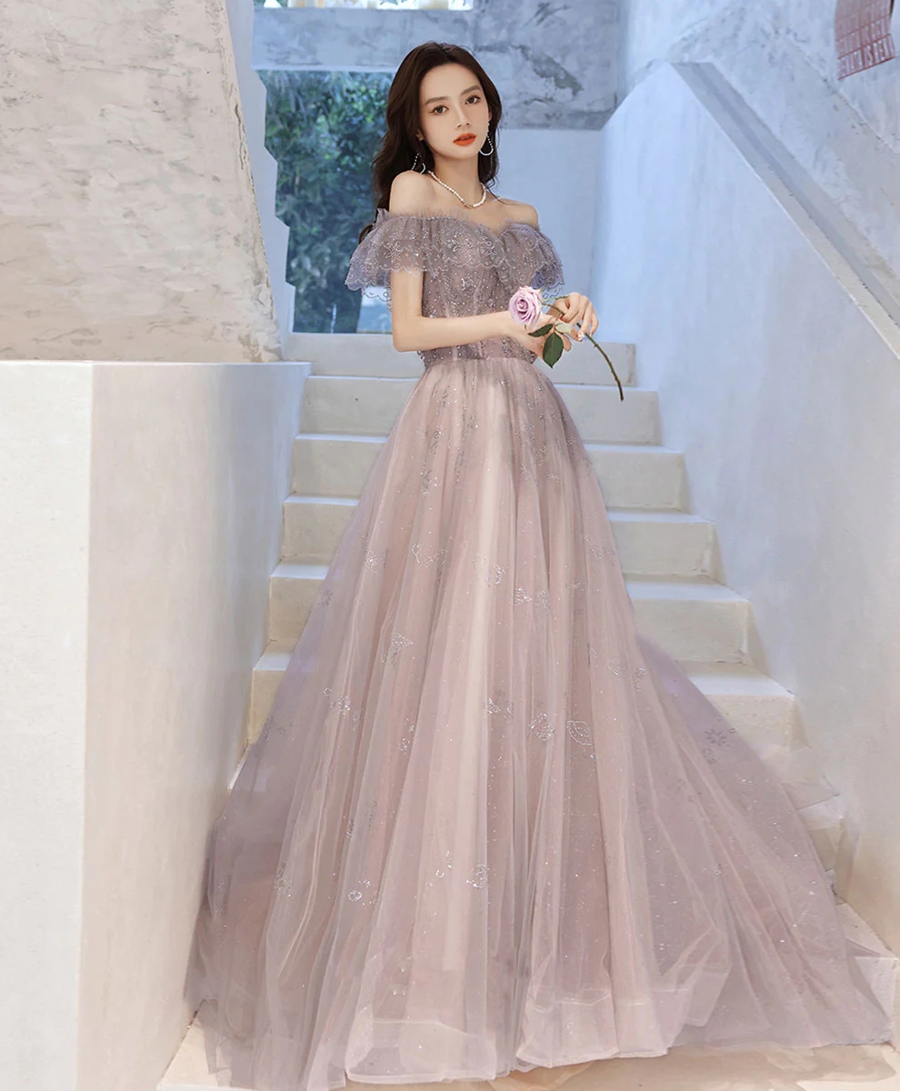 Pale Pinkish Tulle A-line Long Prom Dress Tulle Formal Dress Long Sweet Dress Prom Dress Evening Dress Party Dress