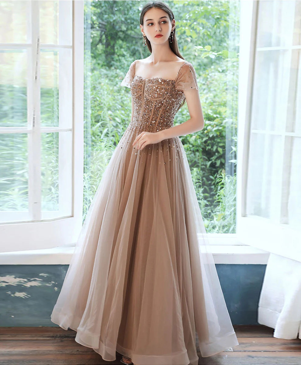 Long Sweet Dress Prom Dress Evening Dress Party Dress Champagne Tulle Sequin Beads Long Prom Dress Champagne Evening Dress.webp