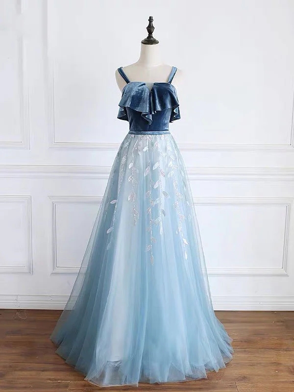 Blue Tulle Lace Long Prom Dress, Blue Tulle Long Evening Dress Sweet Dress Prom Dress Evening Dress Party Dress