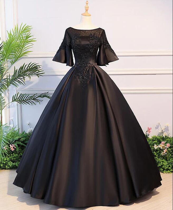 Black Round Neck Satin Lace Long Prom Dress, Evening Dresses