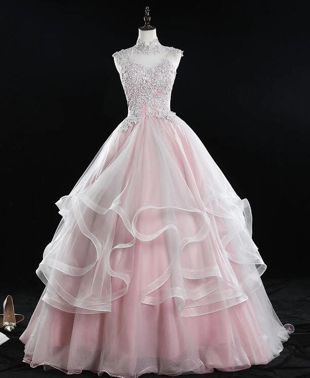 Pink High Neck Tulle Lace Long Sweet 16 Dress Tulle Lace Pink Prom Dress