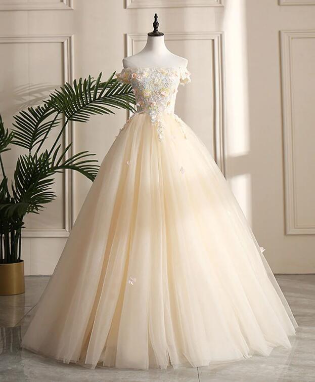 Satin Lace Floral Beaded Ball Gown Dress