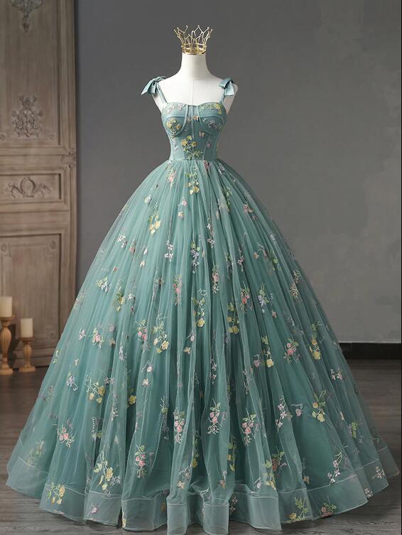 A-line Sweetheart Neck Green Long Prom Dresses, Green Lace Formal Dress