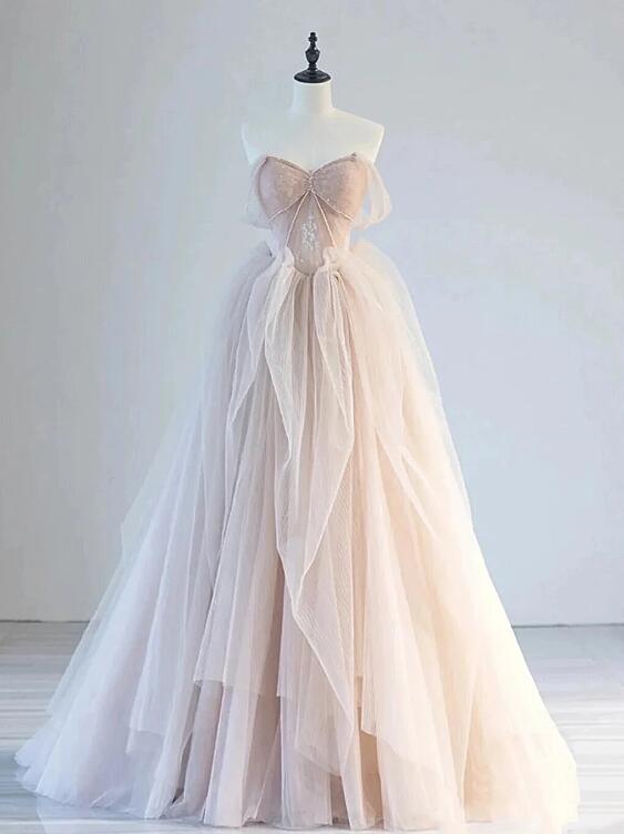 A-line Off Shoulder Tulle Lace Champagne Pink Long Prom Dress, Lace Long Formal Dress