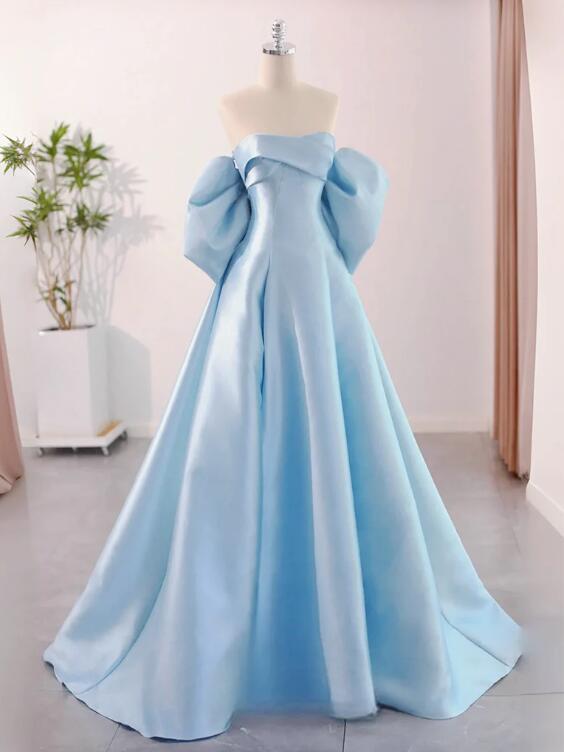 A-line Sweetheart Neck Satin Blue Long Prom Dress, Blue Long Formal Dress