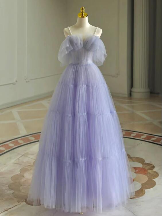 A-line Tulle Purple Long Prom Dress, Purple Long Graduation Dress