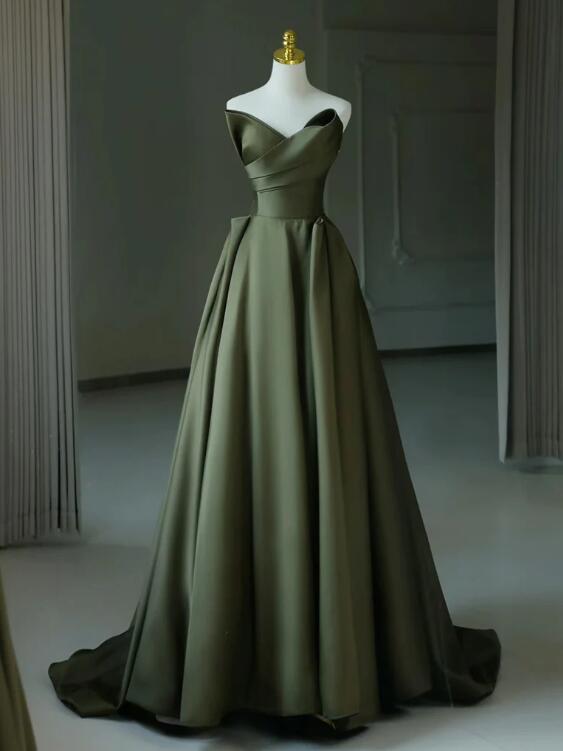 A-line V Neck Satin Green Long Prom Dress, Green Long Evening Dress