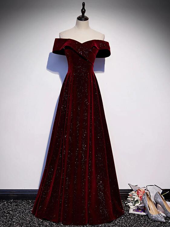 A-line Off Shoulder Velvet Burgundy Long Prom Dress, Burgundy Long Formal Dress