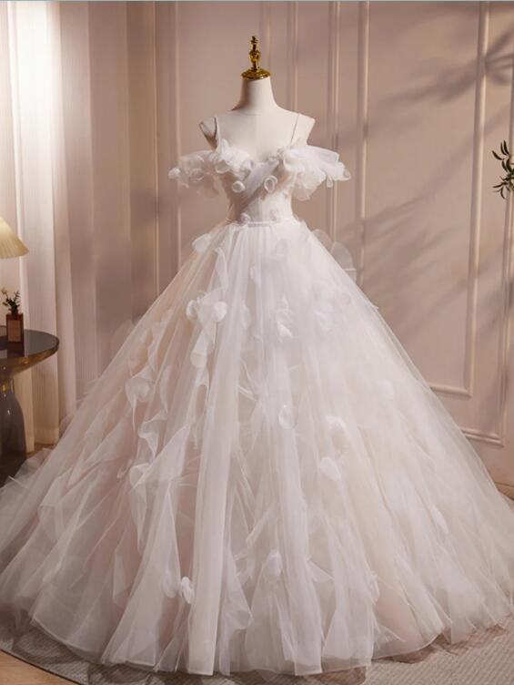 A-line Off Shoulder White Long Prom Dress, White Long Tulle Dress