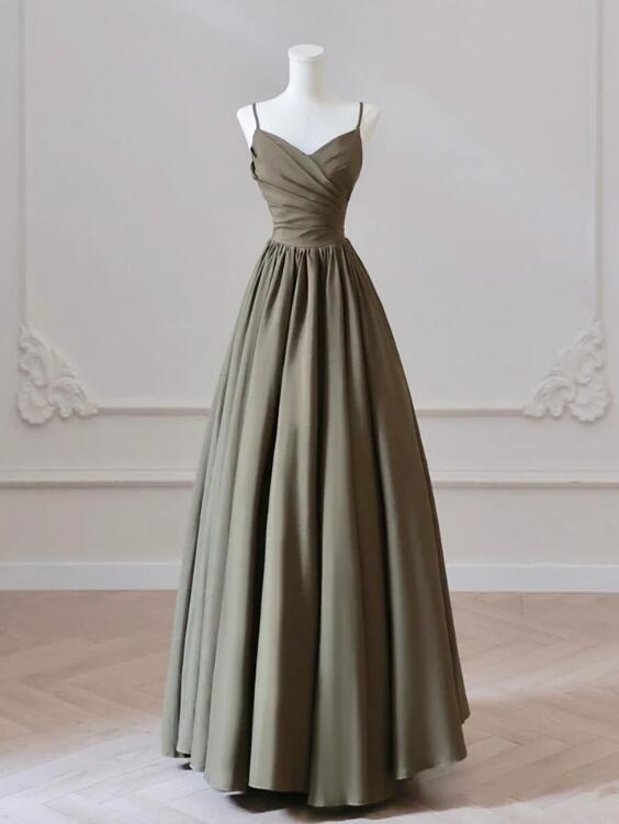 A-line V Neck Satin Olive Green Long Prom Dress, Olive Green Long Formal Dress