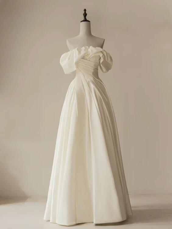 A-line Off Shoulder Ivory Satin Long Prom Dress, Ivory Long Formal Dress