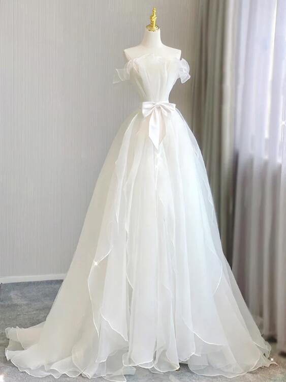 A-line Organza White Long Prom Dress, White Long Formal Dress