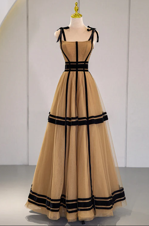 Stylish Tulle Long A-line Prom Dress, Unique Spaghetti Strap Evening Dress