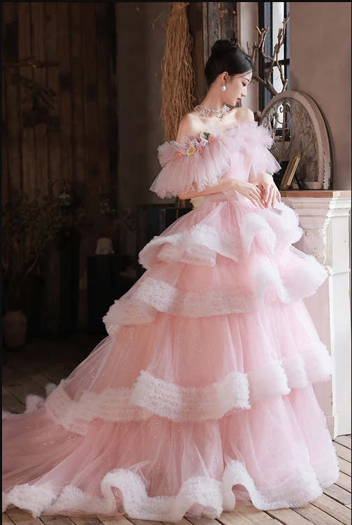 Pink Tulle Long A-line Prom Gown, Off The Shoulder Sweet 16 Dress