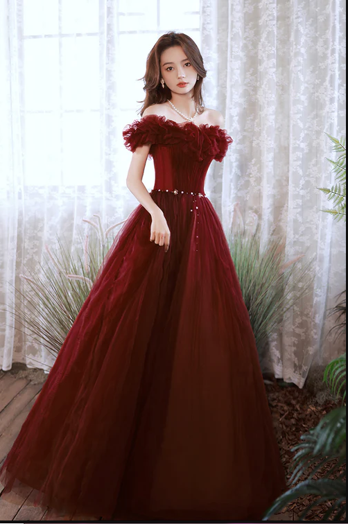 Burgundy Tulle Long A-line Prom Dress, Cute Off The Shoulder Evening Dress