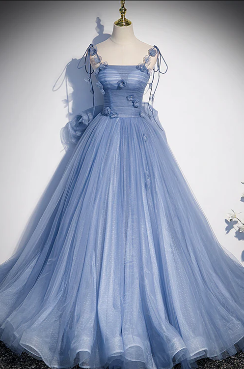 Blue Tulle Long A-line Prom Dress, Blue Spaghetti Straps Party Dress With Bow