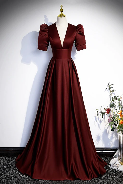 Burgundy V-neck Satin Long Prom Dress, Simple Short Sleeve Evening Party Dress